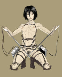 Rule 34 | 1girl, abs, absurdres, bad id, bad pixiv id, black hair, boots, breasts, censored, dual wielding, female pubic hair, gomesu (red-owl), highres, holding, knee boots, kneeling, md5 mismatch, mikasa ackerman, nipples, nude, pubic hair, resolution mismatch, shingeki no kyojin, short hair, small breasts, solo, strap, sword, three-dimensional maneuver gear, toned, weapon