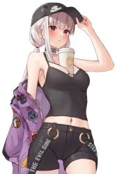 Rule 34 | 1girl, absurdres, bare shoulders, baseball cap, between breasts, black camisole, black hat, black shorts, blush, breasts, camisole, choker, cleavage, coffee cup, collarbone, cup, disposable cup, fate/grand order, fate (series), hair ribbon, hat, heroic spirit tour outfit, highres, hood, hooded jacket, jacket, kama (fate), kama (tour outfit) (fate), kopaka (karda nui), large breasts, long hair, long sleeves, looking at viewer, low twintails, midriff, nail polish, navel, off shoulder, pink nails, purple jacket, red eyes, ribbon, short shorts, shorts, silver hair, solo, sweat, sweatdrop, thighs, twintails