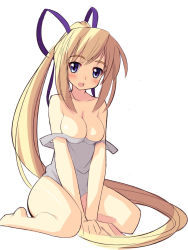 Rule 34 | 1girl, bare shoulders, blonde hair, blush, breasts, cleavage, clothes pull, hair ribbon, large breasts, long hair, off shoulder, one-piece swimsuit, one-piece swimsuit pull, open mouth, ponytail, ribbon, sikorsky, simple background, sitting, sketch, solo, swimsuit, thighs, wariza, white background