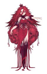 Rule 34 | 1girl, absurdres, artist request, bird, crown, dress, fingernails, floating, hair between eyes, highres, medium hair, nail polish, original, red dress, red eyes, red hair, red nails, sharp fingernails, simple background, skull, solo, takeno (hashi falcon), thighhighs, white background