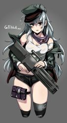 Rule 34 | 1girl, aged up, assault rifle, asymmetrical legwear, bad id, bad twitter id, black shorts, breasts, brown eyes, bullpup, caseless firearm, character name, commentary, cowboy shot, cropped legs, english text, frown, g11 (girls&#039; frontline), girls&#039; frontline, grey background, grey hat, grey jacket, gun, h&amp;k g11, hat, holding, holding gun, holding weapon, horizontal magazine, jacket, long hair, long sleeves, looking at viewer, medium breasts, micro shorts, off shoulder, over-kneehighs, parted lips, personification, pouch, prototype design, rifle, shirt, shorts, silver hair, solo, standing, tank top, thigh pouch, thighhighs, trigger discipline, uneven legwear, weapon, white shirt, yaruku