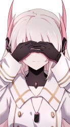 Rule 34 | 1girl, beizhi, black gloves, closed mouth, covering own eyes, dog tags, gloves, gold trim, grey hair, headgear, headphones, highres, jacket, liv: eclipse (punishing: gray raven), liv (punishing: gray raven), long hair, long sleeves, pink hair, pink jacket, punishing: gray raven, sidelocks, solo, straight hair, three monkeys, white background