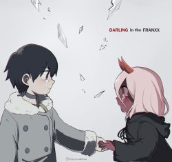 Rule 34 | 10s, 1boy, 1girl, black cloak, black hair, blue eyes, cloak, coat, colored sclera, colored skin, couple, crying, crying with eyes open, darling in the franxx, fringe trim, fur trim, green eyes, grey coat, holding hands, hetero, hiro (darling in the franxx), hood, hooded cloak, horns, kanomatsu, long hair, looking at another, oni horns, parka, pink hair, red horns, red pupils, red sclera, red skin, short hair, tears, winter clothes, winter coat, aged down, zero two (darling in the franxx)