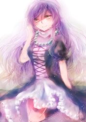 Rule 34 | 1girl, bad id, bad pixiv id, black dress, blonde hair, breasts, cleavage, cross-laced clothes, dress, gradient hair, hand in own hair, highres, hijiri byakuren, jewelry, long hair, long sleeves, multicolored hair, necklace, pearl necklace, purple hair, simple background, skin tight, skura01, smile, solo, touhou, white background, yellow eyes