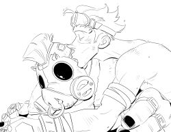 03kiyou 2boys absurdres adam&#039;s_apple arm_up arms_around_neck bandaged_arm bandages bare_shoulders black_nails closed_eyes closed_mouth couple gas_mask glove_cutout gloves goggles goggles_on_head hair_slicked_back highres hug junkrat_(overwatch) kiss kissing_cheek male_focus mask mohawk multiple_boys nail_polish nose_piercing nose_ring overwatch overwatch_1 piercing prosthesis prosthetic_arm roadhog_(overwatch) simple_background thick_eyebrows topless_male white_background yaoi