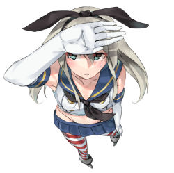 Rule 34 | 10s, 1girl, absurdres, bad id, bad pixiv id, blue eyes, collarbone, elbow gloves, full body, gloves, grey hair, hair ribbon, highres, kantai collection, long hair, navel, parted lips, pleated skirt, ribbon, rolua, school uniform, serafuku, shimakaze (kancolle), simple background, skirt, solo, striped clothes, striped thighhighs, sweatdrop, thighhighs, thong, white background, white gloves