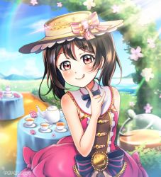 Rule 34 | 1girl, 2019, :p, artist name, artist request, bare shoulders, black hair, blush, bow, brown hat, cage, collared dress, dress, female focus, gloves, hat, jewelry, looking at viewer, love live!, love live! school idol festival, love live! school idol project, nail, nail polish, parted lips, pink ribbon, red bow, red eyes, ribbon, short hair, skirt, solo, striped, striped bow, tea, tongue, tongue out, twintails, v, white gloves, yazawa nico