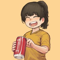 Rule 34 | 1girl, absurdres, black hair, blush, can, chanta (ayatakaoisii), closed eyes, highres, holding, holding can, medium hair, open mouth, orange background, original, ponytail, shirt, short sleeves, simple background, solo, upper body, yellow shirt