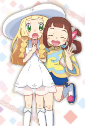 Rule 34 | 10s, 2girls, :o, ^ ^, blonde hair, blunt bangs, blush, braid, brown hair, closed eyes, creatures (company), dress, game freak, green eyes, hair ornament, happy, hat, leg up, lilia (monster hunter), lillie (pokemon), long hair, long sleeves, looking at viewer, monster hunter (series), monster hunter stories, multiple girls, nintendo, open mouth, own hands together, pokemon, pokemon sm, puffy shorts, shorts, simple background, sleeveless, sleeveless dress, smile, standing, sun hat, twin braids, twintails, waving, white background, white hat, wide sleeves, yan (sakura mocchi)