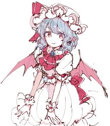 Rule 34 | 1girl, ascot, bat wings, blue hair, brooch, closed mouth, commentary, dress, eyebrows hidden by hair, fingernails, frilled sleeves, frills, hair between eyes, hands on own knees, hat, hat ribbon, jewelry, kneeling, leaning forward, looking at viewer, mob cap, mozukuzu (manukedori), puffy short sleeves, puffy sleeves, red ascot, red eyes, red ribbon, remilia scarlet, ribbon, short hair, short sleeves, simple background, sketch, smile, solo, swept bangs, touhou, white background, white dress, white hat, wings, wrist cuffs