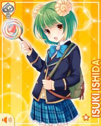 Rule 34 | 1girl, blue jacket, blue skirt, candy, card, cardigan, character name, food, girlfriend (kari), green hair, hair ornament, holding, ishida isuki, jacket, lollipop, official art, open mouth, plaid, plaid skirt, qp:flapper, short hair, skirt, smile, solo, strap, tagme, yellow background, yellow eyes