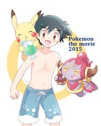 Rule 34 | 1boy, :p, ash ketchum, bad id, bad pixiv id, blue male swimwear, blue swim trunks, brown eyes, copyright name, creatures (company), doughnut, drawstring, drinking straw, drinking straw in mouth, eating, english text, food, game freak, gen 1 pokemon, gen 6 pokemon, happy, hoopa, hoopa (confined), legendary pokemon, looking at viewer, male focus, male swimwear, mei (maysroom), mythical pokemon, nintendo, no headwear, on shoulder, pikachu, pokemon, pokemon (anime), pokemon (creature), pokemon on shoulder, pokemon the movie: hoopa and the clash of ages, pokemon xy (anime), sweat, swim trunks, swimsuit, tagme, tongue, tongue out, topless male, tropical drink