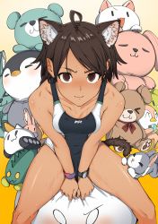 Rule 34 | 1girl, animal ear fluff, animal ears, bad id, bad pixiv id, black hair, blush, breasts, brown eyes, brown hair, cat ears, cat tail, competition swimsuit, dark-skinned female, dark skin, highres, kr ohoshisama, looking at viewer, one-piece swimsuit, original, short hair, sitting, small breasts, solo, stuffed animal, stuffed rabbit, stuffed penguin, stuffed toy, sweat, swimsuit, tail, teddy bear, watch, wristwatch