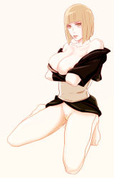 Rule 34 | 1girl, barefoot, blonde hair, breasts, cleavage, e e223, female focus, female pubic hair, fishnets, full body, japanese clothes, kneeling, large breasts, naruto (series), naruto shippuuden, nipple slip, nipples, no panties, pubic hair, samui (naruto), simple background, solo, white background, yellow eyes