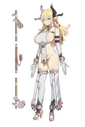 Rule 34 | 1girl, animal ears, arms at sides, bare shoulders, blonde hair, blue eyes, breasts, closed mouth, cow ears, detached sleeves, earrings, fake horns, full body, groin, high heels, highres, horns, jewelry, large breasts, long hair, long sleeves, mole, mole on breast, no panties, original, pink footwear, pubic tattoo, qr code, revealing clothes, sideboob, skindentation, solo, standing, stirring, stirrup legwear, tattoo, thighhighs, toeless legwear, waterkuma, white thighhighs