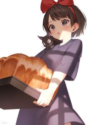 Rule 34 | + +, 1girl, :o, animal, animal on shoulder, black cat, blush, bow, bread, brown eyes, brown hair, cat, cat on shoulder, cowboy shot, dress, food, from below, hair bow, hairband, highres, holding, holding tray, jiji (majo no takkyuubin), kiki (majo no takkyuubin), looking at viewer, looking down, majo no takkyuubin, open mouth, purple dress, red bow, red hairband, ryota (ry o ta), short hair, short sleeves, signature, simple background, sparkling eyes, sweat, swept bangs, tray, white background