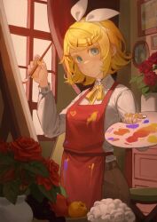 1girl alarmclockc apron blonde_hair blue_eyes blush brown_pants closed_mouth collared_shirt hair_ornament hair_ribbon hairclip highres holding holding_paintbrush holding_palette indoors kagamine_rin long_sleeves looking_at_viewer neck_ribbon paint_on_clothes paintbrush painting_(action) palette_(object) pants red_apron ribbon shirt short_hair smile solo vocaloid white_ribbon white_shirt yellow_nails yellow_ribbon