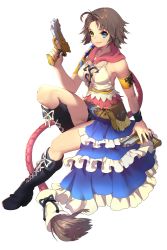 Rule 34 | 00s, 1girl, armband, belt, black shorts, blue eyes, boots, brown hair, cross-laced footwear, final fantasy, final fantasy x, final fantasy x-2, frills, full body, green eyes, gun, heterochromia, highres, knee boots, lace-up boots, matsuki ringo, short hair, short shorts, shorts, smile, solo, transparent background, weapon, white background, yuna, yuna (ff10)