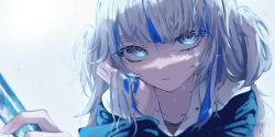Rule 34 | 1girl, blue eyes, blue hair, closed mouth, gawr gura, head on hand, head rest, highres, hololive, hololive english, looking at viewer, multicolored hair, portrait, roitz ( roitz ), solo, streaked hair, virtual youtuber, water, water drop