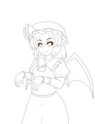 Rule 34 | 1girl, ascot, bat wings, bow, brooch, commentary request, dress, eyebrows, frills, hat, hat bow, highres, jewelry, lineart, looking at viewer, mob cap, monochrome, puffy short sleeves, puffy sleeves, remilia scarlet, short hair, short sleeves, smile, solo, touhou, wings, wrist cuffs, yamato damashi