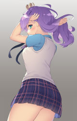 Rule 34 | 1girl, aqua eyes, arms up, azur lane, blush, breasts, commentary request, cowboy shot, crown, from behind, gradient background, grey background, hair ornament, hairclip, hands in hair, highres, javelin (azur lane), javelin (slow ahead!) (azur lane), long hair, looking at viewer, looking back, olive (laai), plaid, plaid skirt, pleated skirt, profile, purple hair, purple skirt, short sleeves, skirt, small breasts, solo, sweater vest, thighs