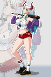 Rule 34 | 1girl, blue hair, breasts, calf socks, cleavage, club (weapon), crop top, curvy, earrings, green hair, groin, hair up, iury padilha, jacket, jacket partially removed, jewelry, large breasts, long hair, midriff, multicolored hair, one piece, shoes, short shorts, shorts, sideboob, sneakers, tagme, tank top, white hair, wide hips, yamato (one piece), yellow eyes