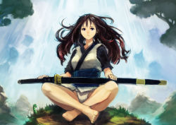 Rule 34 | 1girl, absurdres, barefoot, brown hair, expressionless, feet, fundoshi, gradient background, grass, highres, indian style, japanese clothes, katana, long hair, okuto, original, purple eyes, sitting, solo, sword, tree, water, waterfall, weapon