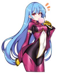 Rule 34 | 1girl, absurdres, belt, blue hair, bodysuit, breasts, candy, cowboy shot, food, godgamesc2, highres, kula diamond, lollipop, long hair, looking at viewer, purple eyes, simple background, small breasts, surprised, the king of fighters, white background, zipper