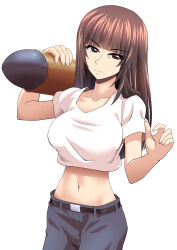 Rule 34 | 1girl, belt, black belt, blunt bangs, brown eyes, brown hair, casual, closed mouth, commentary, cowboy shot, cropped shirt, girls und panzer, grey pants, half-closed eyes, highres, holding, long hair, looking at viewer, midriff, miraino tsubasa, navel, nishizumi shiho, over shoulder, pants, pointing, pointing at self, shirt, short sleeves, simple background, smile, solo, standing, straight hair, t-shirt, tank shell, white background