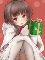 Rule 34 | 1girl, akino shuu, black hair, blush, box, brown eyes, capelet, christmas, dress, gift, gift box, holding, holding gift, kantai collection, long sleeves, looking at viewer, official alternate costume, open mouth, panties, red background, short hair with long locks, sidelocks, smile, solo, thighhighs, twitter username, ukuru (kancolle), underwear, white capelet, white dress, white panties, white thighhighs