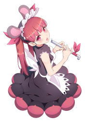 Rule 34 | 1girl, absurdres, animal ears, apron, bite mark, black dress, blush, bonnet, breasts, commentary request, dress, eating, from above, full body, head tilt, highres, holding, holding smoking pipe, industrial pipe, kemurikusa, long hair, looking at viewer, parted lips, pink eyes, pink ribbon, red hair, reisen balrog, ribbon, rina (kemurikusa), sleeveless, sleeveless dress, small breasts, smoking pipe, solo, twintails, white apron, white background