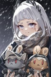 Rule 34 | 0 0, 1girl, :&lt;, absurdres, alternate costume, arknights, bandaid, bandaid on hand, brown scarf, closed mouth, crying, crying with eyes open, eyelashes, grey hair, head wings, highres, holding, holding stuffed toy, irene (arknights), long hair, looking down, night, outdoors, plaid, plaid scarf, scar, scar across eye, scar on face, scarf, signature, smile, snowing, solo, specter (arknights), specter the unchained (arknights), stuffed animal, stuffed rabbit, stuffed toy, tears, thick eyebrows, wings, zhengqi zhizi sg