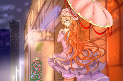 Rule 34 | 1girl, absurdres, alternate costume, backless dress, backless outfit, blonde hair, breasts, building, christmas tree, city, city lights, cityscape, cloud, detached sleeves, dress, frilled dress, frills, from behind, hand up, hat, hat ribbon, highres, holding, holding umbrella, lamppost, light particles, long hair, looking to the side, mob cap, night, night sky, parted lips, purple dress, purple eyes, ribbon, ribbon trim, sky, small breasts, solo, strapless, strapless dress, touhou, umbrella, very long hair, yakumo yukari, yue ling yu