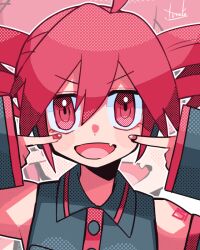 Rule 34 | 1girl, ahoge, black shirt, black sleeves, buttons, collared shirt, detached sleeves, double-parted bangs, drill hair, fang, fingernails, hair between eyes, hands on own cheeks, hands on own face, index finger raised, kasane teto, necktie, open mouth, red eyes, red hair, red necktie, red trim, shirt, signature, skin fang, sleeveless, sleeveless shirt, solo, tongue, twin drills, utau, wing collar, yuusuke-kun, zoom layer