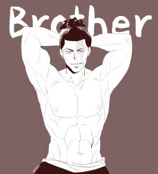 Rule 34 | 1boy, abs, arms behind head, artist request, black hair, brown background, cowboy shot, english text, greyscale with colored background, jujutsu kaisen, large pectorals, looking at viewer, male focus, muscular, muscular male, navel, nipples, pectorals, scar, scar across eye, short hair, sideburns, solo, stomach, thick eyebrows, topless male, toudou aoi (jujutsu kaisen)