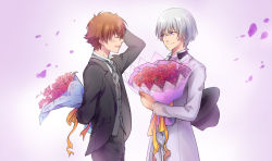 Rule 34 | 10s, 2boys, bad id, bad pixiv id, bocya, bouquet, bow, brown hair, eye contact, closed eyes, flower, formal, highres, kakumeiki valvrave, l-elf, looking at another, male focus, multiple boys, necktie, open mouth, petals, purple eyes, red flower, red rose, rose, short hair, silver hair, smile, suit, tokishima haruto