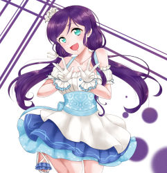 Rule 34 | 1girl, aqua bow, artist name, artist request, bare shoulders, blush, bow, buttons, female focus, flower, gloves, green eyes, long hair, looking at viewer, love live!, love live! school idol project, multicolored clothes, multicolored skirt, purple hair, sandals, shirt, skirt, sleeveless, smile, solo, standing, standing on one leg, striped clothes, striped shirt, tojo nozomi, white background, white flower, white gloves