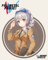 Rule 34 | 1girl, 2018, black necktie, blue bow, blush, bow, braid, braided ponytail, brown eyes, brown jacket, copyright name, dated, dsknight, full metal panic!, grey background, hair bow, hair over shoulder, highres, holding, jacket, long hair, long sleeves, looking at viewer, military, military uniform, necktie, salute, shirt, silver hair, simple background, single braid, smile, solo, teletha testarossa, uniform, upper body, v-shaped eyebrows, white shirt