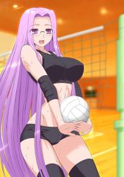 Rule 34 | 00s, 1girl, ball, black thighhighs, breasts, elbow pads, eyebrows, eyes visible through hair, fate/stay night, fate (series), glasses, jpeg artifacts, large breasts, long hair, medusa (fate), medusa (rider) (fate), midriff, purple eyes, purple hair, shorts, siseru samurai, solo, sports bra, square pupils, sweat, thighhighs, very long hair, volleyball, volleyball (object), volleyball net
