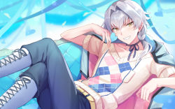 Rule 34 | 1boy, belt, blue ribbon, braid, braided ponytail, couch, crossed legs, grin, heart, highres, holding, holding heart, idolmaster, idolmaster side-m, jacket, jacket on shoulders, kizaki ren, looking at viewer, lying, male focus, natsuki marina, ribbon, side ponytail, silver hair, smile, solo, sweater, yellow eyes