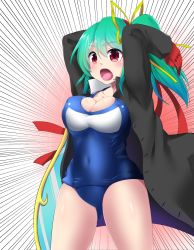 Rule 34 | 1girl, arms up, bouncing breasts, breasts, cheering, cleavage, coat, cowboy shot, daiyousei, fairy wings, gloves, green hair, hair ribbon, highres, hitotsuki nebura, large breasts, long sleeves, no pants, old school swimsuit, one-piece swimsuit, open clothes, open coat, open mouth, red eyes, red gloves, ribbon, school swimsuit, side ponytail, solo, swimsuit, swimsuit under clothes, thighs, touhou, wings