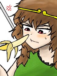 Rule 34 | angry, banana, blush, brown hair, food, fruit, highres, monkey girl, red eyes, son biten, sweat, tomino&#039;s hell, torso, touhou