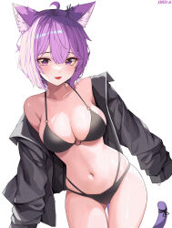 Rule 34 | 1girl, absurdres, ahoge, animal ear fluff, animal ears, bikini, black bikini, blush, breasts, cat ears, cat girl, cat tail, cleavage, collarbone, fang, hair between eyes, highres, hololive, jacket, kkato, large breasts, looking at viewer, medium breasts, navel, nekomata okayu, o-ring, o-ring top, open clothes, open jacket, open mouth, purple eyes, purple hair, ribbon, short hair, skin fang, smile, solo, swimsuit, tail, tail ornament, tail ribbon, thigh gap, thighs, virtual youtuber, white background