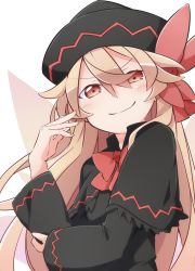 Rule 34 | 1girl, black capelet, black hat, black shirt, blonde hair, blush, bow, bowtie, capelet, commentary request, fairy wings, hair between eyes, hat, hat bow, highres, lily black, lily white, long hair, long sleeves, looking at viewer, red bow, red bowtie, red eyes, shirt, simple background, smile, solo, touhou, upper body, white background, wide sleeves, wings, yutamaro