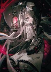 Rule 34 | 1girl, absurdres, arknights, arms up, black background, black gloves, black jacket, breasts, brown eyes, closed mouth, earrings, fire, from side, gloves, gradient background, grey hair, head wings, highres, holding, holding lantern, irene (arknights), jacket, jewelry, lantern, layered skirt, long hair, long sleeves, looking at viewer, looking to the side, medium breasts, pink fire, purple skirt, signature, skirt, solo, very long hair, white skirt, wings
