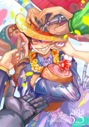 Rule 34 | 10s, 1boy, 2014, 6+boys, alternate costume, birthday, bow, bracelet, brook (one piece), closed eyes, cyborg, dark skin, flower necklace, food, fork, formal, franky (one piece), gloves, hat, jewelry, jippei, lei, meat, monkey d. luffy, multiple boys, multiple girls, nami (one piece), nico robin, one piece, pinching, portgas d. ace, roronoa zoro, sabo (one piece), sanji (one piece), skeleton, smile, solo focus, straw hat, suit, time paradox, usopp