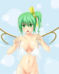 Rule 34 | 1girl, bad id, bad pixiv id, blue background, blush, bra, breasts, censored, convenient censoring, daiyousei, green eyes, green hair, hair ribbon, holding, holding bra, holding clothes, holding underwear, large breasts, matching hair/eyes, navel, nude, open mouth, out-of-frame censoring, ribbon, short hair, side ponytail, simple background, smile, solo, standing, touhou, underwear, white bra, wings, yonaga (masa07240)