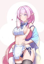 Rule 34 | 1girl, :q, apron, black thighhighs, blue eyes, breasts, bubble tea, bubble tea challenge, closed mouth, commentary request, cowboy shot, cup, disposable cup, elysia (honkai impact), hairband, hand on own hip, heart, highres, honkai (series), honkai impact 3rd, large breasts, long hair, one eye closed, pink pupils, pointy ears, sideboob, smile, solo, thighhighs, tongue, tongue out, very long hair, waist apron, white apron, white hairband, wsad4073 (40739983)