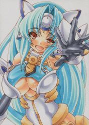 Rule 34 | 00s, 1girl, :d, android, aqua hair, armor, armpits, bare shoulders, black gloves, breasts, buckle, cleavage, cleavage cutout, clothing cutout, dress, faulds, foreshortening, gloves, gorget, head tilt, headgear, kos-mos, kos-mos ver. 4, large breasts, long hair, looking at viewer, open mouth, outstretched arms, parted bangs, red eyes, simple background, smile, solo, traditional media, underboob, underboob cutout, uneven eyes, upper body, vambraces, very long hair, white background, xeno (series), xenosaga, xenosaga episode iii, yutakasan-love