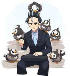 Rule 34 | 1boy, bag on lap, bird, biting hair, black eyes, black hair, black jacket, black pants, black suit, blue necktie, closed mouth, cloud print, collared shirt, creatures (company), eating, food, formal, game freak, gen 4 pokemon, grey hair, grey shirt, highres, hoshi (star-name2000), jacket, larry (pokemon), male focus, multicolored hair, necktie, nintendo, on head, on shoulder, onigiri, outdoors, pants, pokemon, pokemon (creature), pokemon (game), pokemon on head, pokemon on shoulder, pokemon sv, print necktie, salaryman, shirt, simple background, sitting on bench, starly, streaked hair, suit, thick eyebrows, two-tone hair